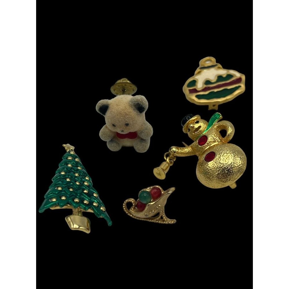 5 Christmas Holiday Brooches Pin Snowman, Tree Sleigh, Bauble. Metal Felt bear